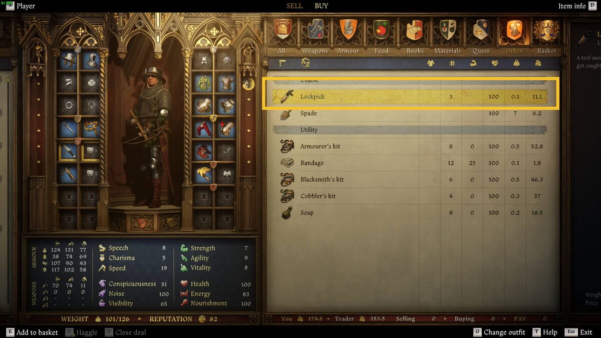 Kingdom Come Deliverance 2 lockpick: trader inventory menu.