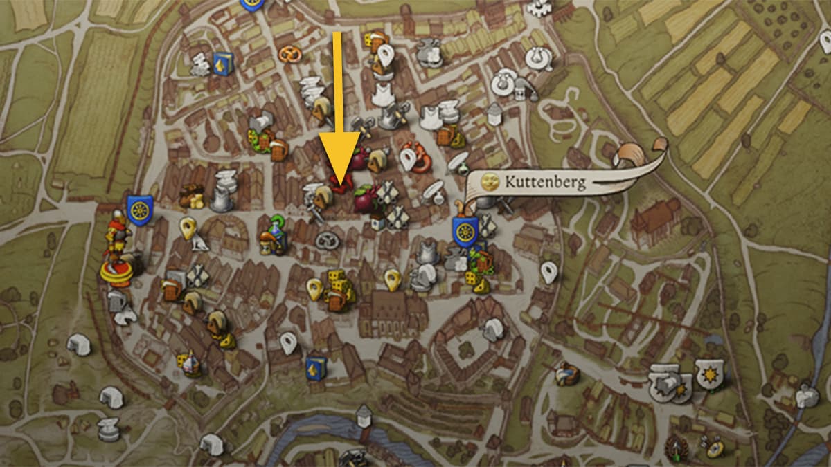Image showing the map of Kuttenberg in Kingdom COme: Deliverance 2, with an arrow pointing at the location of perfume for Tess.