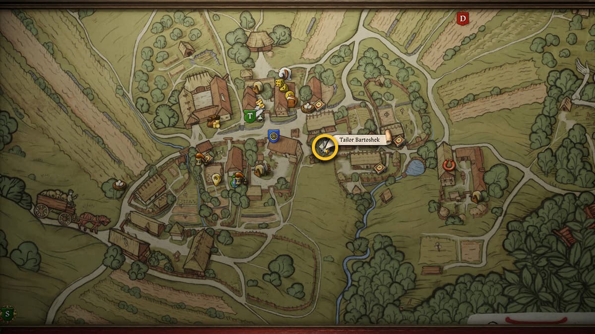 Image showing the map in Kingdom Come: Deliverance 2, with the focus on the location of Tailor Bartoshek.
