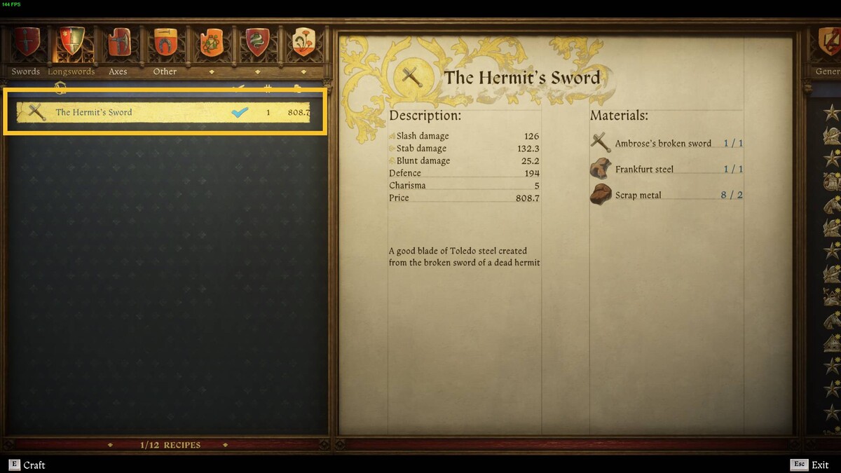 Kingdom Come Deliverance 2 The Hermit: menu.