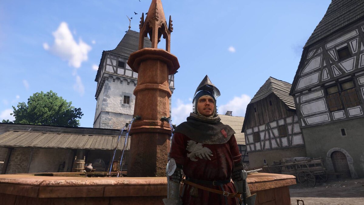 Kingdom Come Deliverance 2 Thieves' Code riddle: Henry next to a fountain.