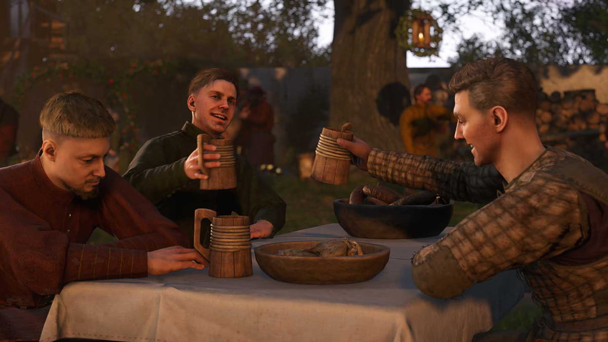 Image of Henry and two friends enjoying beer in Kingdom Come: Deliverance 2.
