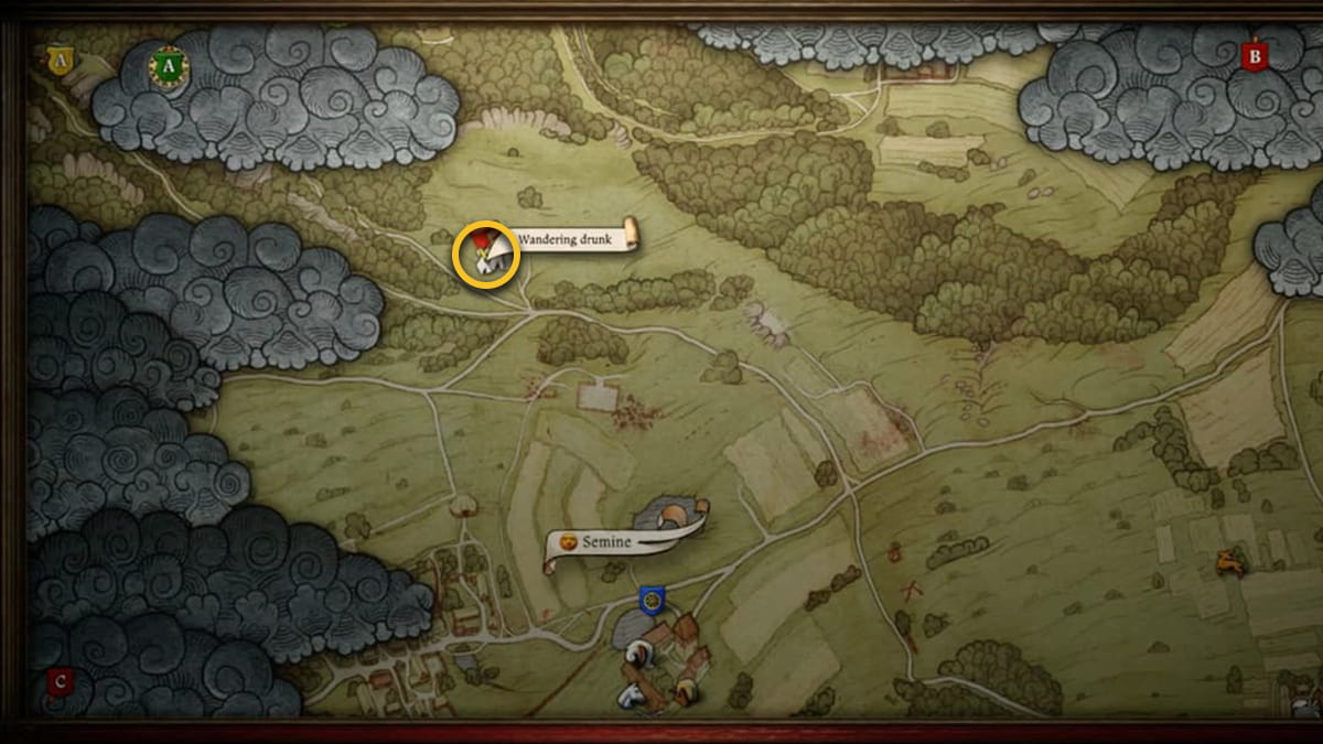 Image showing the map in Kingdom Come: Deliverance 2, with the focus on the location of the Wandering Drunk.