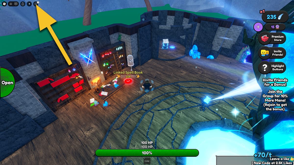 Image of the player inside the castle in Kingdom of Magic Tycoon on Roblox, with an arrow pointing at the Codes icon.