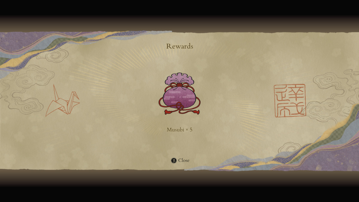 Kunistu-Gami Path of the Goddess Musubi: reward screen.