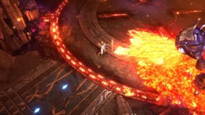 A character fighting a boss shooting out fire in Last Epoch