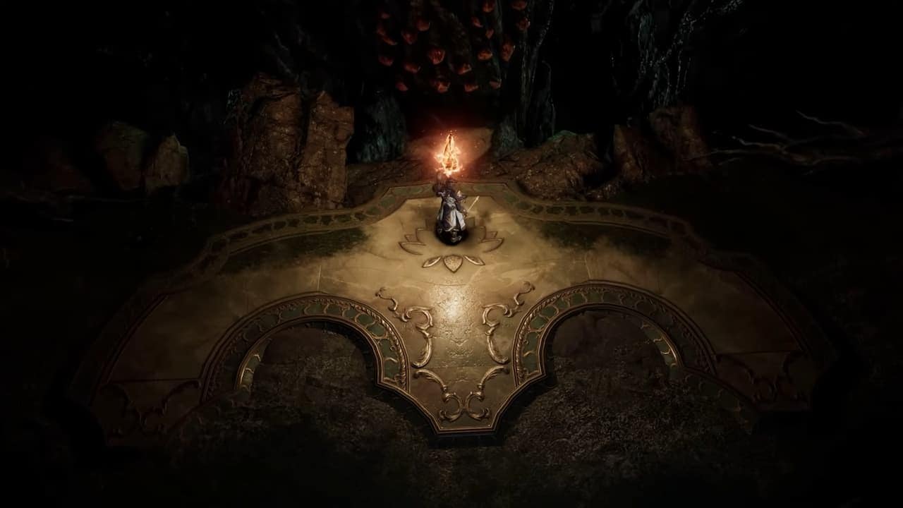 A Last Epoch character holds up a torch up to see the dungeon boss.