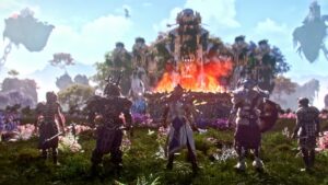 A group of Last Epoch character stand facing a large palace.