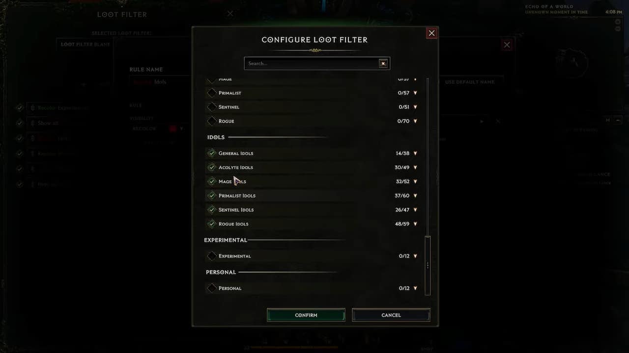The configure loot filter settings in Last Epoch