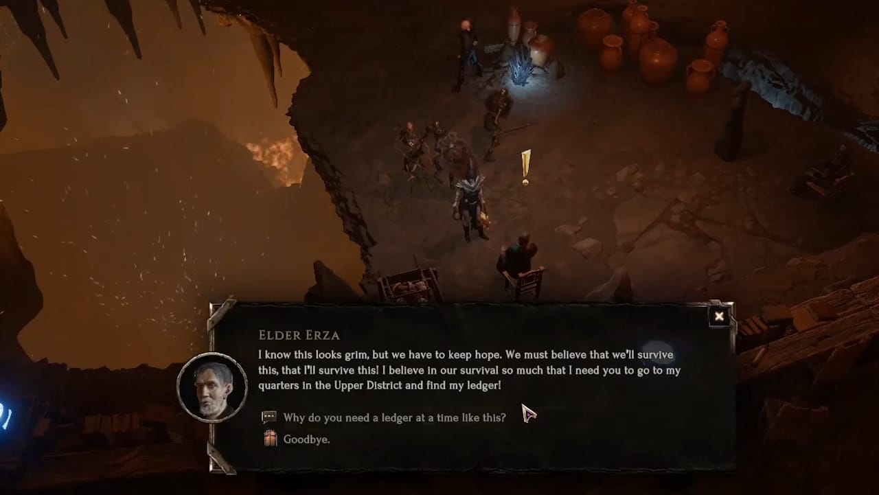 A Last Epoch character chats with Elder Ezra about his ledger