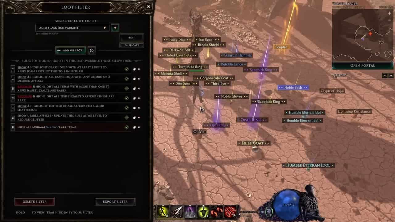 An active loot filter in Last Epoch