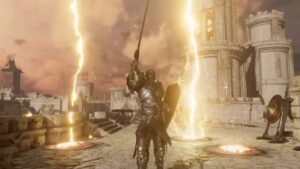 A solider in Last Epoch stands and summons lightning