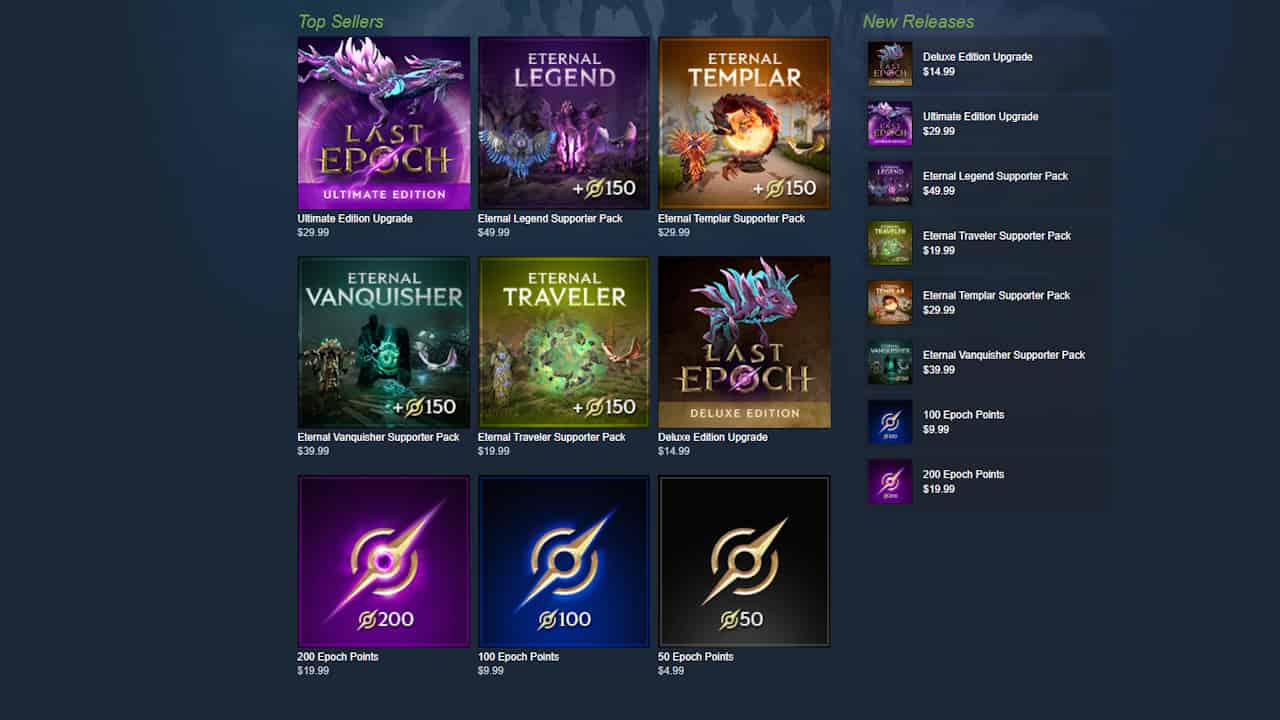 The Steam store featuring microtransactions for Last Epoch