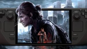 The Last of Us Part 2 keyart coming out of the Steam Deck