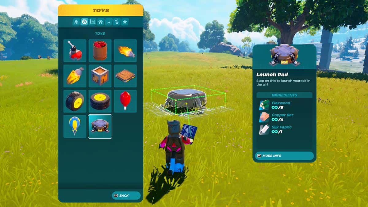 A screenshot of a Fortnite item in the game, showing a launch pad made out of LEGO.