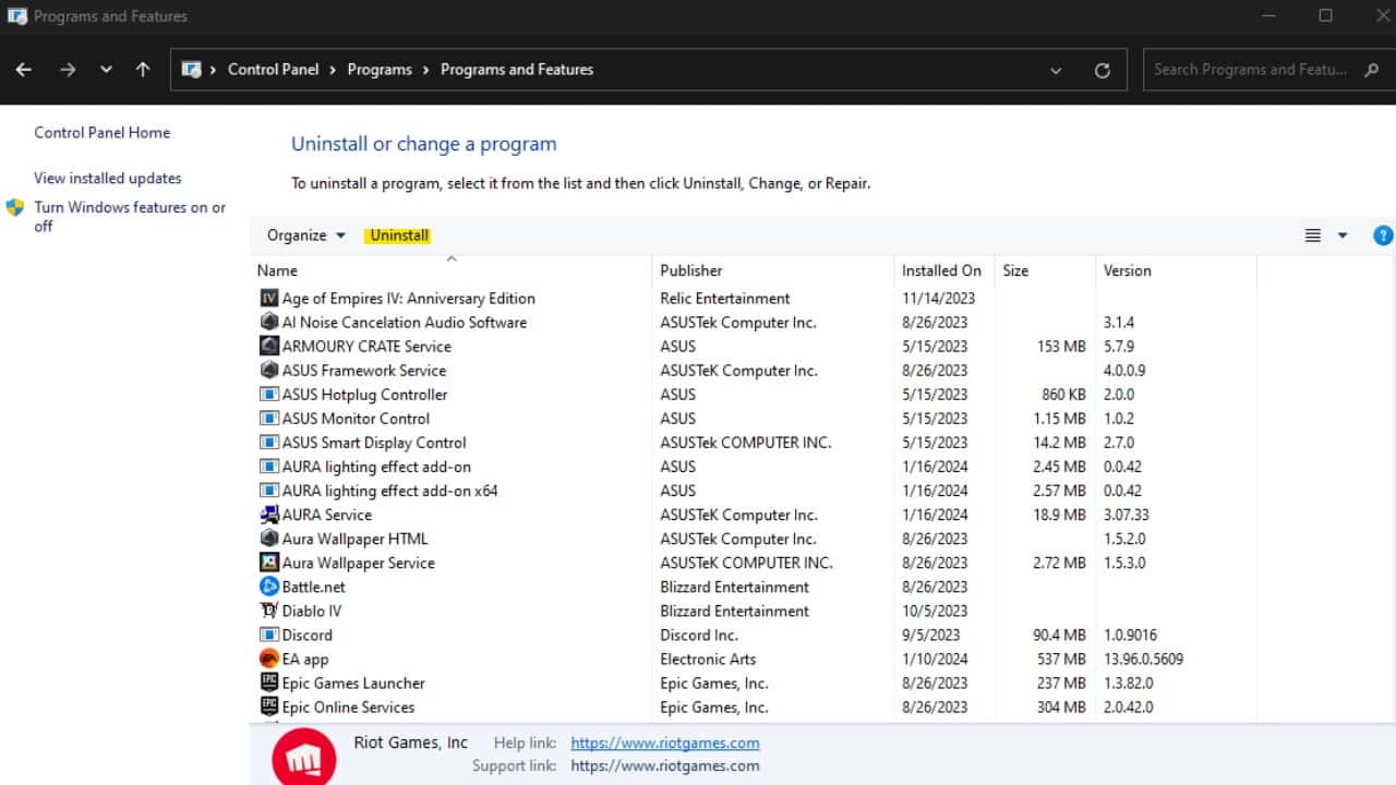 A screenshot of the Windows 10 device manager with Riot Client highlighted to uninstall League of Legends. Image captured by VideoGamer.