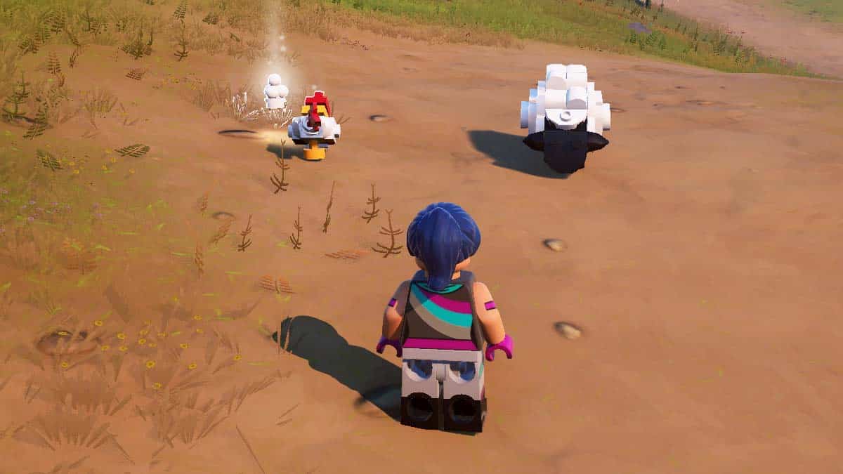 A character with blue hair and a pink top observes two Lego robots dueling in a grassy field.