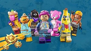 A group of seven diverse LEGO minifigures, including a banana suit character and a knight, posing cheerfully against a blue background.