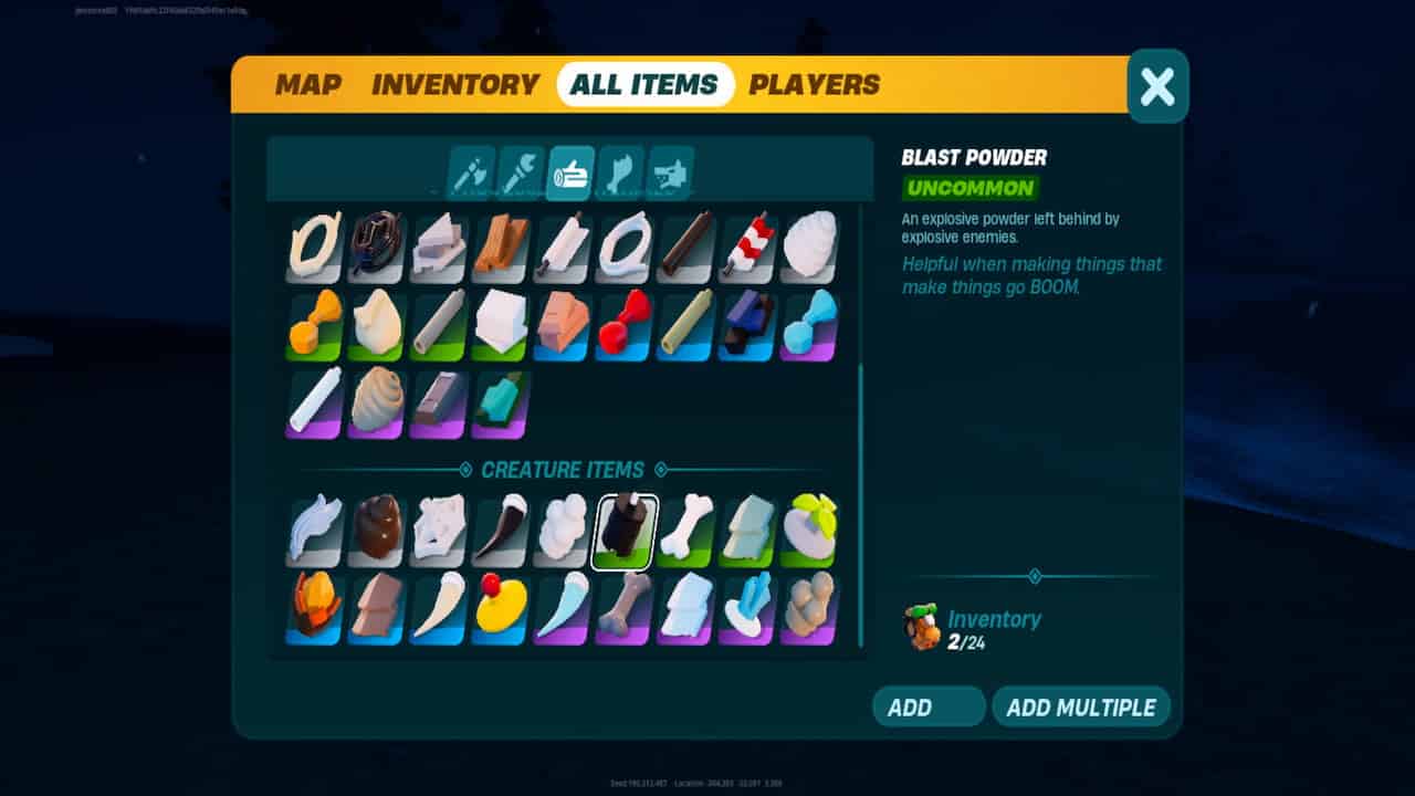 A screenshot of the inventory screen showing the item blast powder in the LEGO Fortnite game.