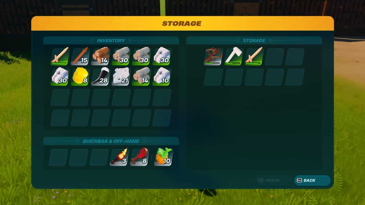 A screenshot of the storage menu in the game showcasing a simple trick to repair your items.