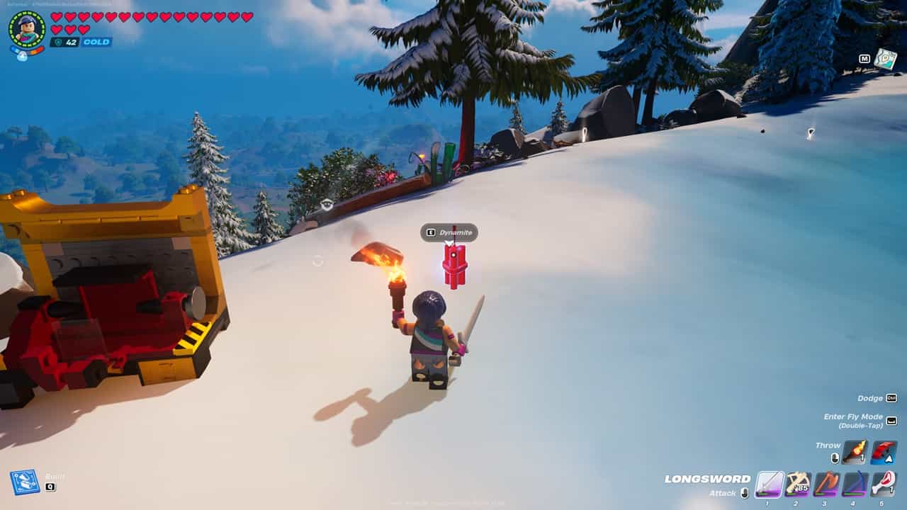 An image of a character next to some dynamite in LEGO Fortnite. Image captured by VideoGamer.
