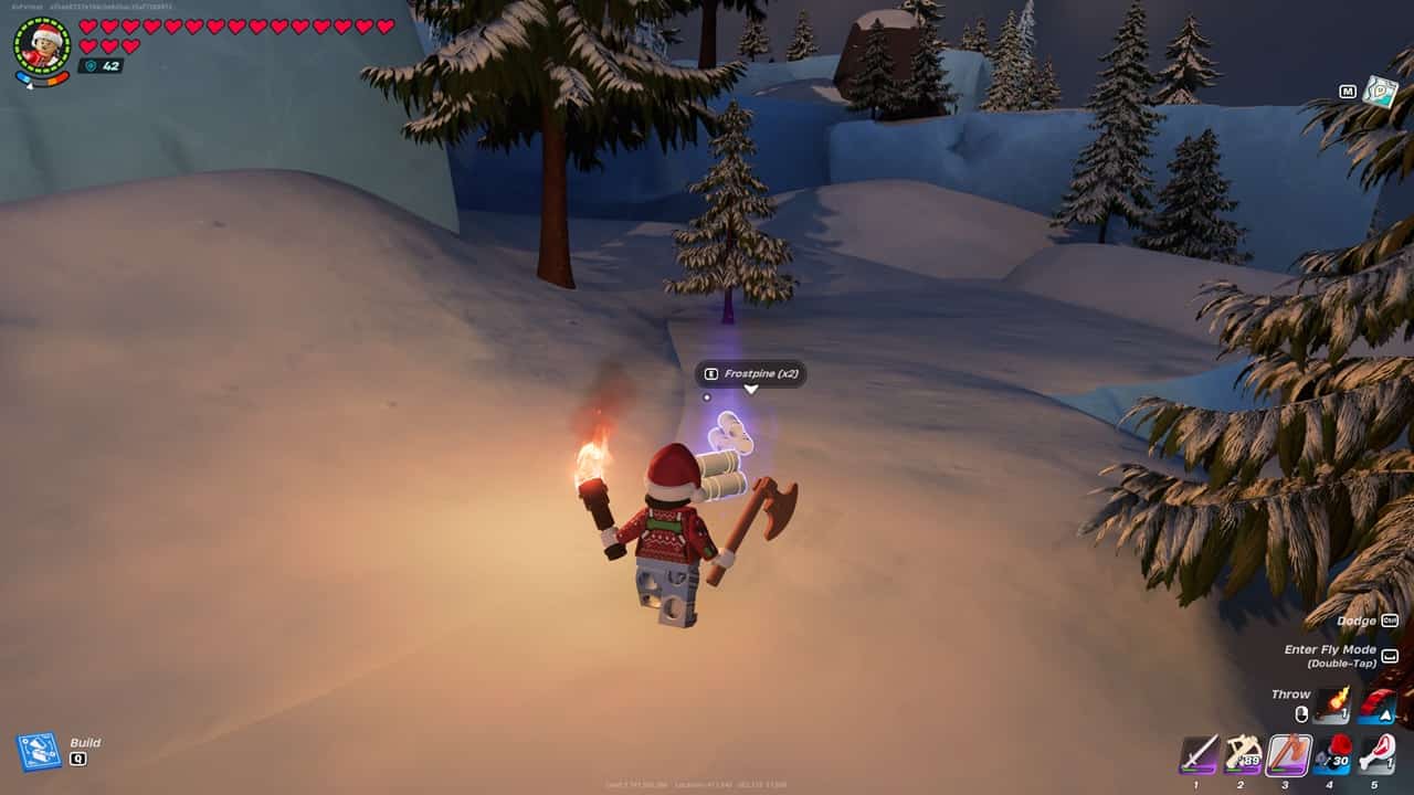 A screenshot of a character in a snowy area getting Frostpine in LEGO Fortnite. Image captured by VideoGamer.