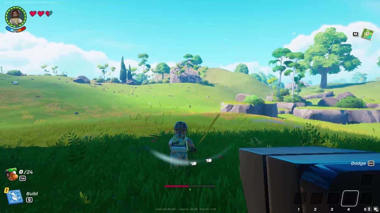 LEGO Fortnite how to find caves: A player running towards a cave entrance in the distance