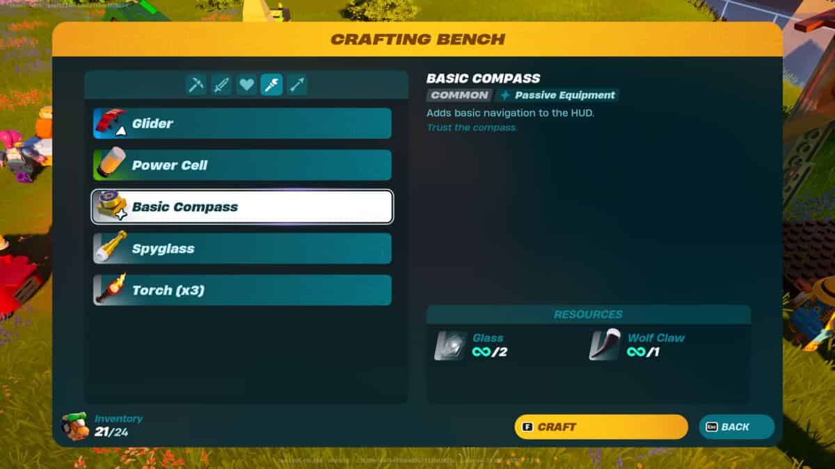 LEGO Fortnite how to get glass: The Crafting Bench menu showing the Basic Compass and Spyglass available to craft.