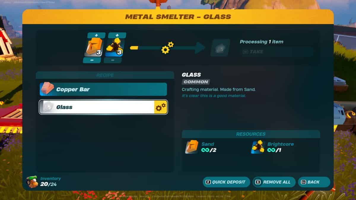 LEGO Fortnite how to get glass: The Metal Smelter menu for crafting glass.