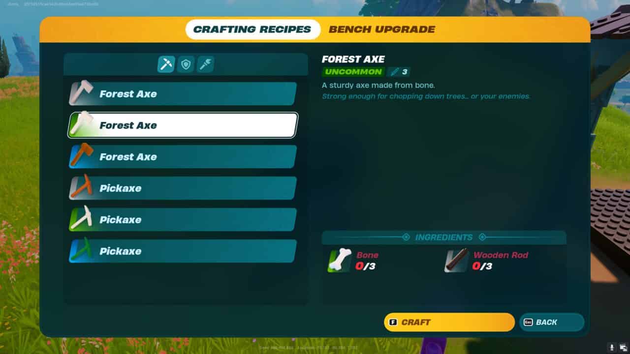 LEGO Fortnite how to get Uncommon Axe: An Uncommon Forest Axe in the Crafting Bench menu.