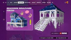 A screenshot from the game Fortnite showcasing an in-game item shop with Auto Draft content called "beachside boulevard," which includes a digital representation of a beach house structure.