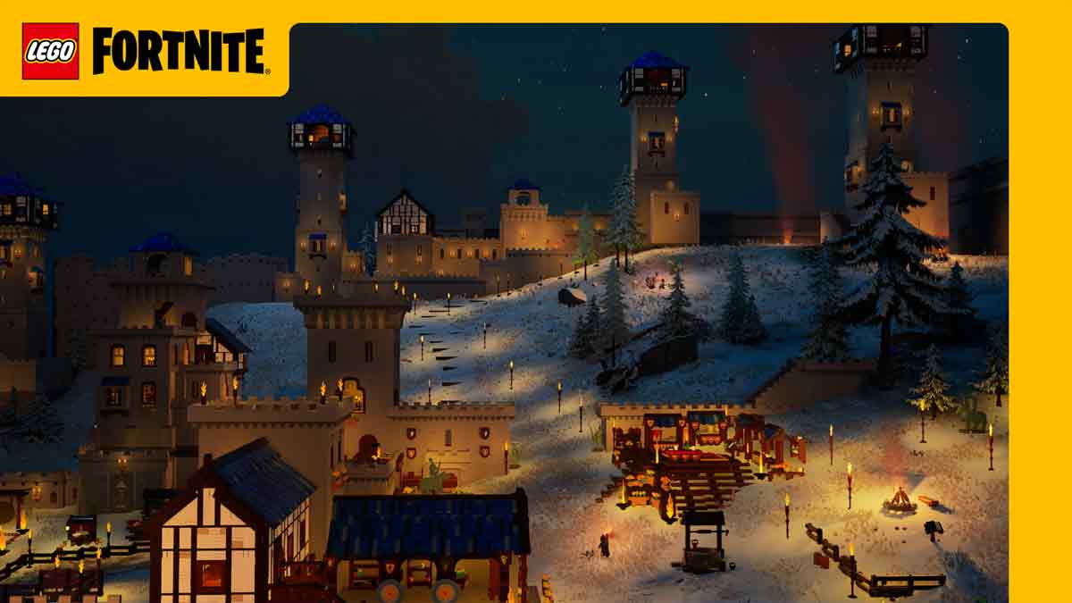 A LEGO Fortnite fantasy castle scene at night with snow-covered grounds and a festive atmosphere is getting a massive content drop this week.