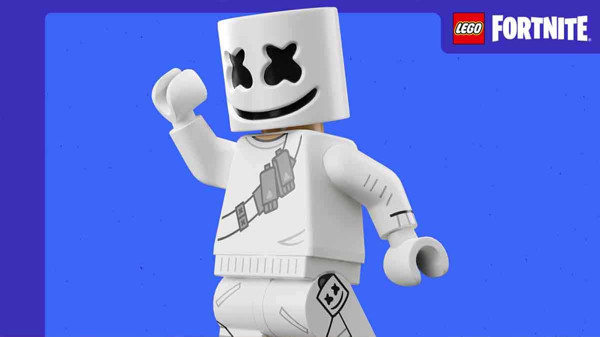 A LEGO Fortnite figure styled after a character is against a blue background, getting a massive content drop this week.