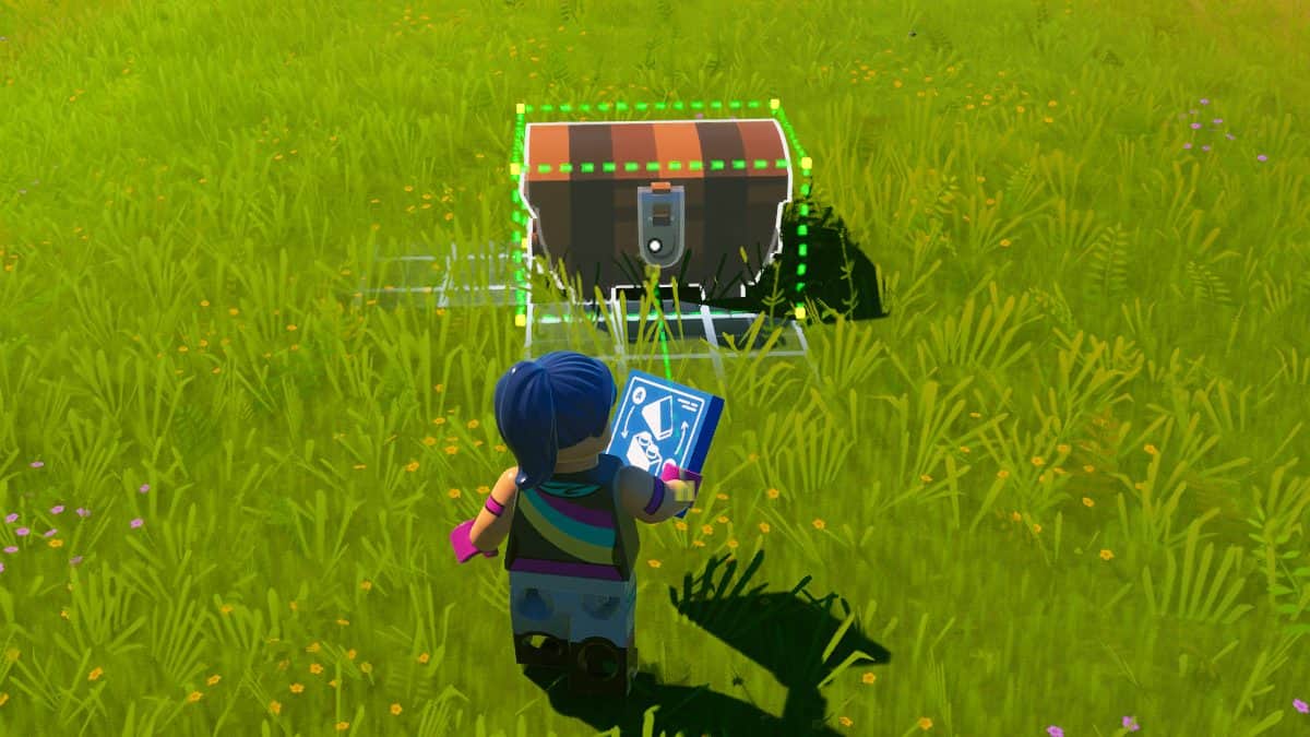 In a vast field, a person discovers a chest.