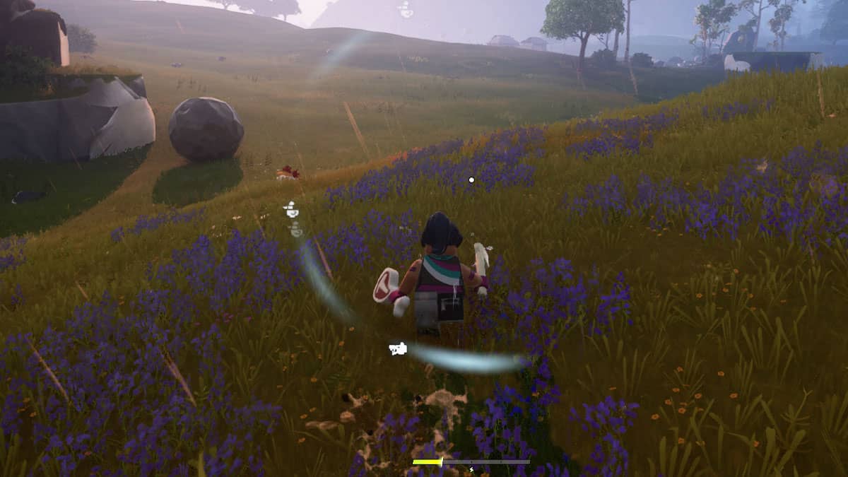 A screenshot of a character surrounded by flowers in a field.