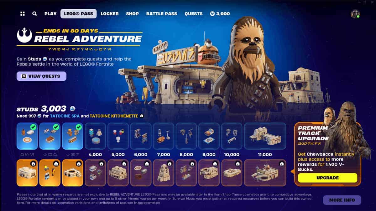 Screenshot of a lego-themed video game interface featuring rewards, a currency count, a Chewbacca character, and clickable adventure options from the LEGO Fortnite battle pass.