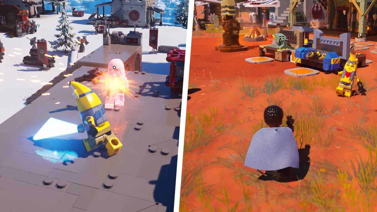 Split image of two video game scenes: on the left, a robot in a snowy environment; on the right, a character observes a fiery landscape from the latest Fortnite update.