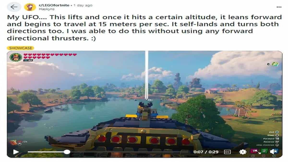 a reddit post showing a player making a ufo in lego fortnite