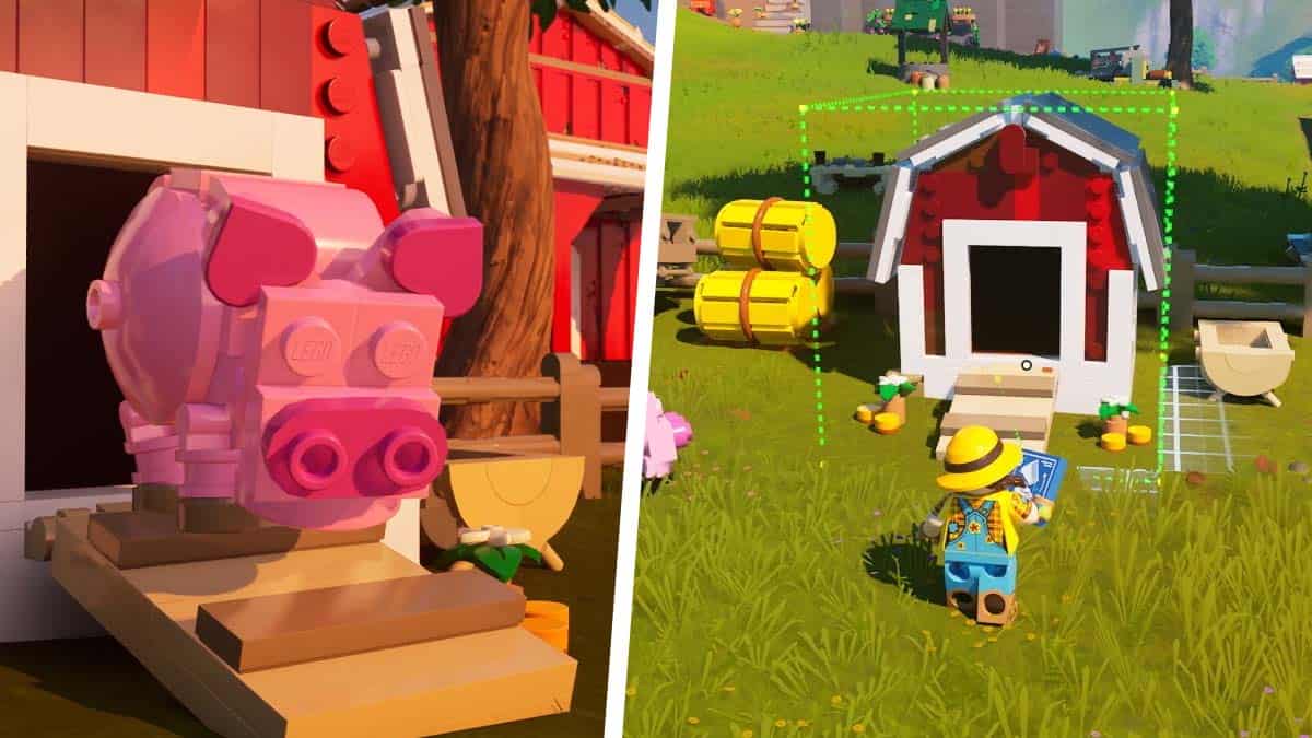 Two split images: left shows a close-up of a pink lego pig, right depicts a character in a cowboy outfit near a small red house surrounded by chickens in Fortnite v29.30 early patch