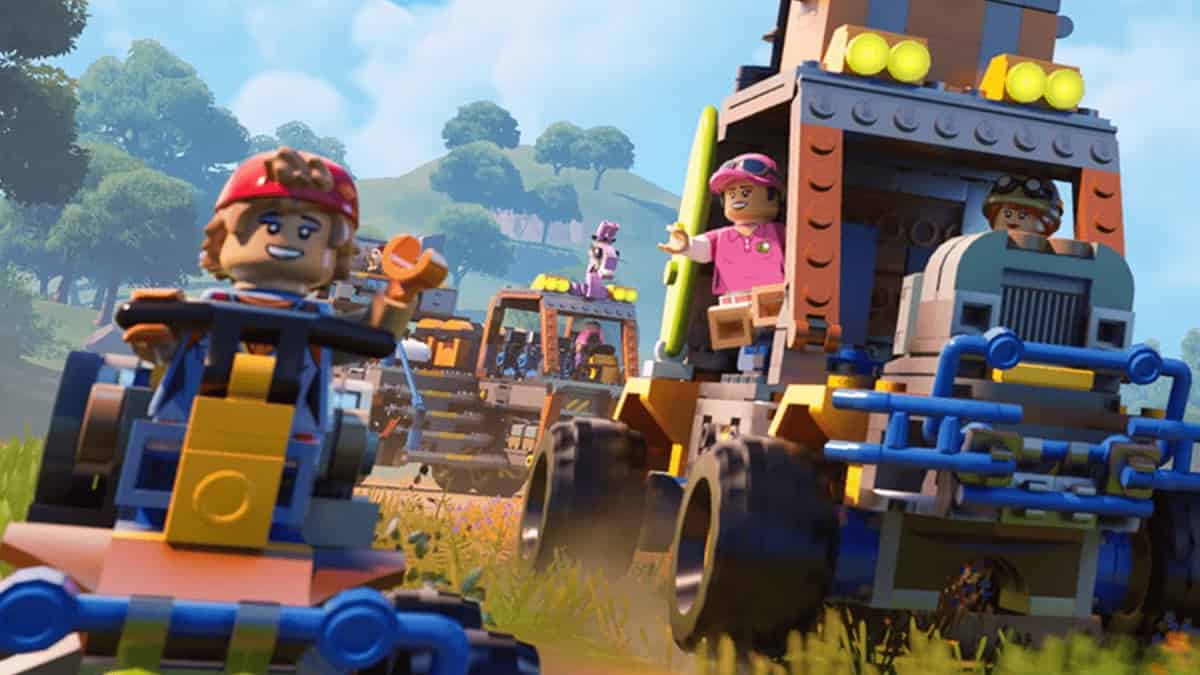 Animated lego characters driving a construction truck and a tractor in a countryside setting after the latest Fortnite update.