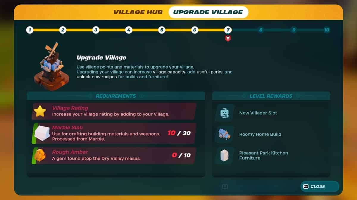 A screenshot of the game's menu displaying LEGO Fortnite village upgrade requirements.
