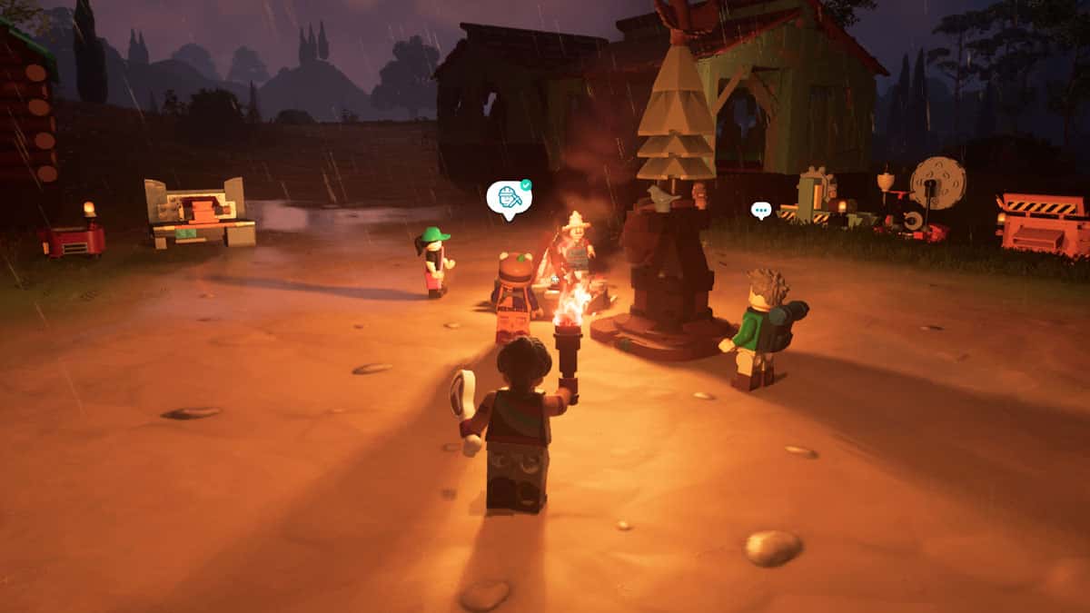 A LEGO video game with a group of people in front of a fire, featuring useful tips and tricks for LEGO Fortnite.