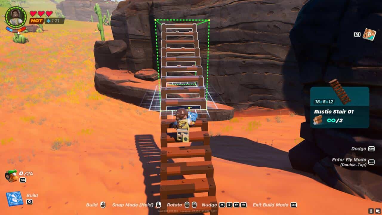 LEGO Fortnite where to find Rough Amber: A player building stairs up to a cliff