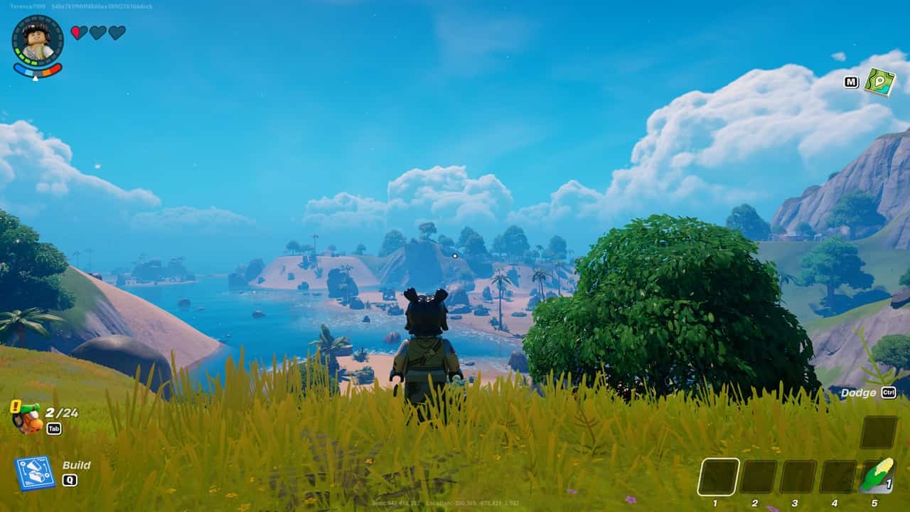 LEGO Fortnite world seed - A player looks at a LEGO Fortnite world generated by a world seed. Image captured by VideoGamer.