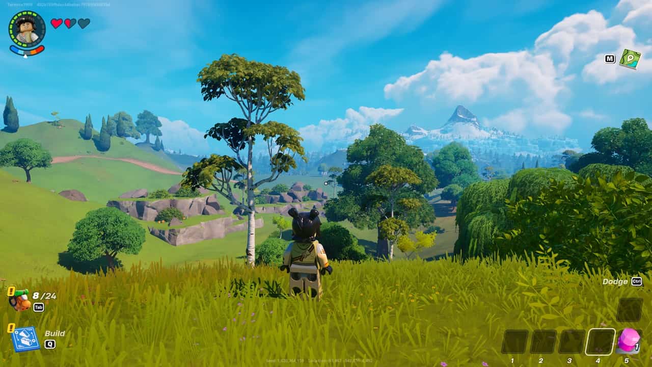 LEGO Fortnite world seed - A player arrives at a LEGO Fortnite world with biomes generated by a world seed. Image captured by VideoGamer.