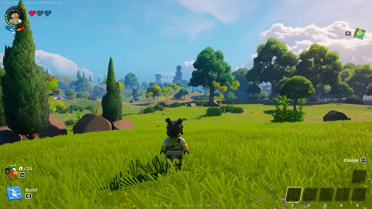 LEGO Fortnite world seed - The player spots an abandoned settlement in this generated map in LEGO Fortnite. Image captured by VideoGamer.