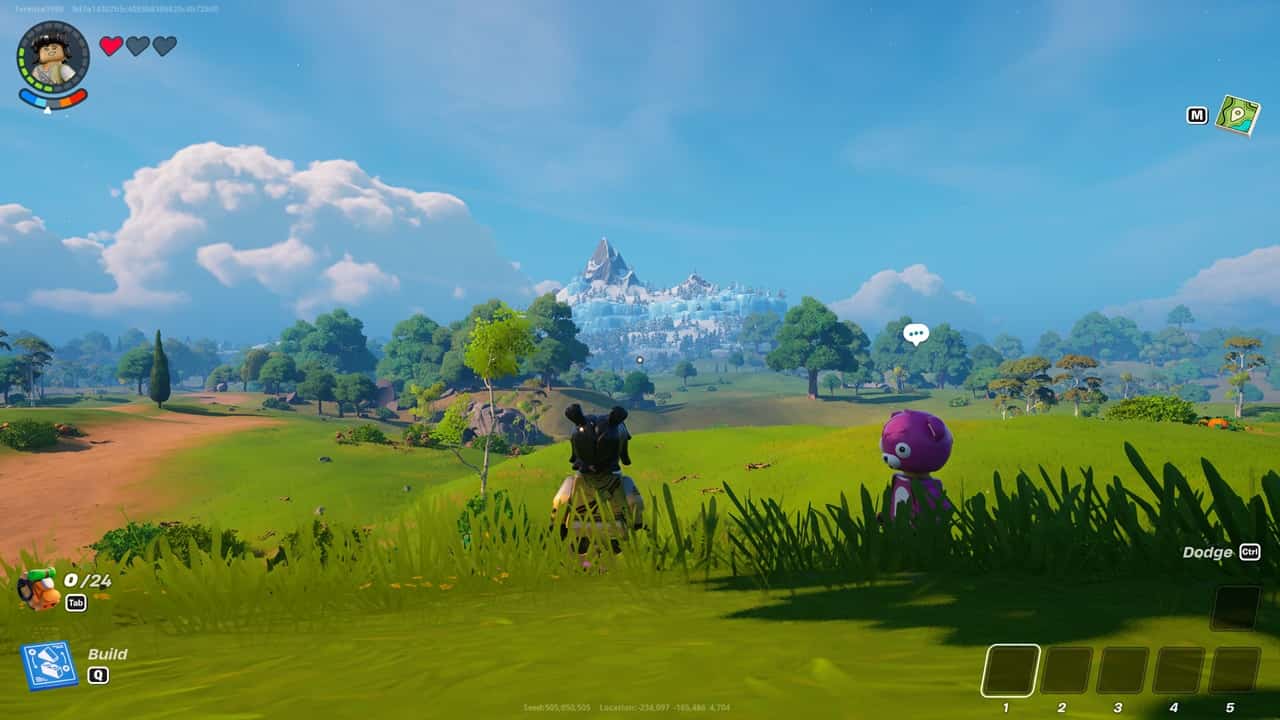 LEGO Fortnite world seed - This LEGO Fortnite world with a mountain was generated by a world seed. Image captured by VideoGamer.