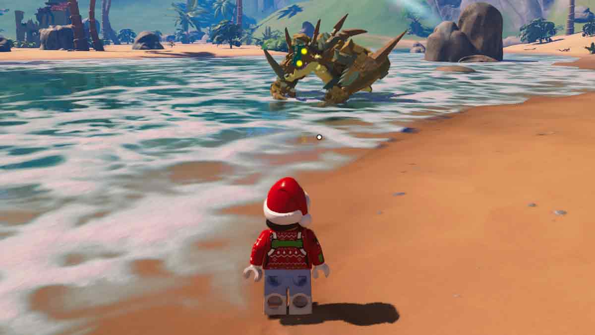 A Lego character in a Santa hat and sweater on a beach facing a crab-like creature, reminiscent of a Fortnite XP nerf scenario.