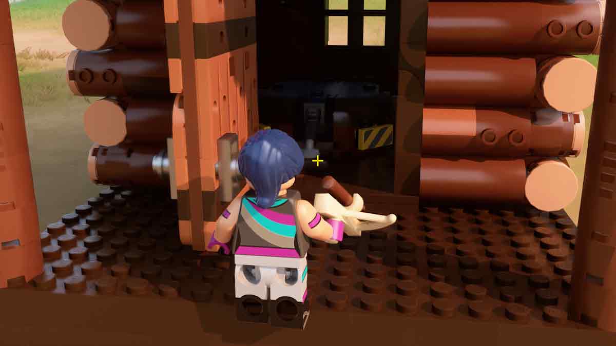 A character in a colorful striped shirt holding a bone stands at the entrance of a log cabin structure in a Fortnite game setting, ready to earn XP.