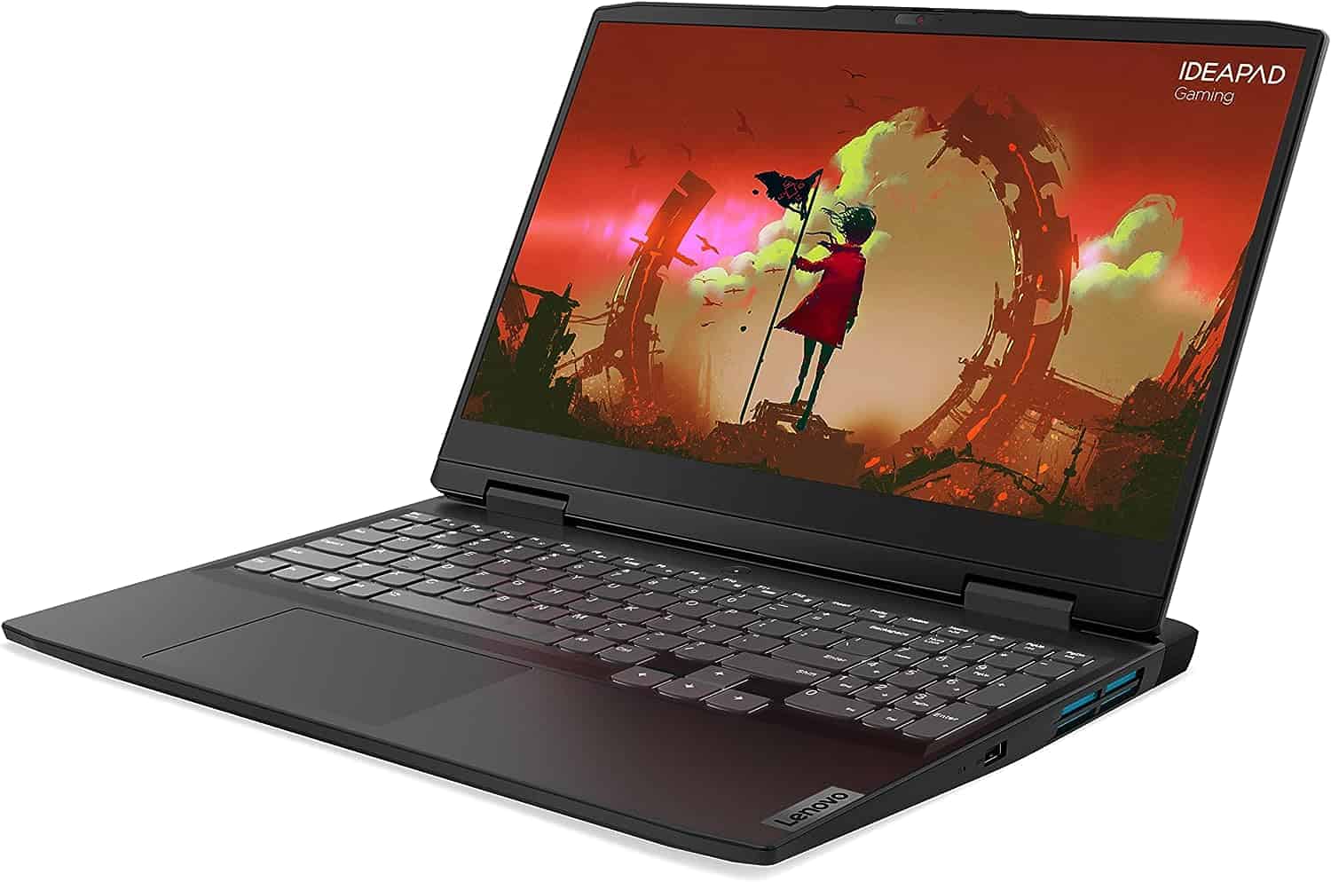 A Lenovo Ideapad Gaming 3 laptop with an image of a girl on it.